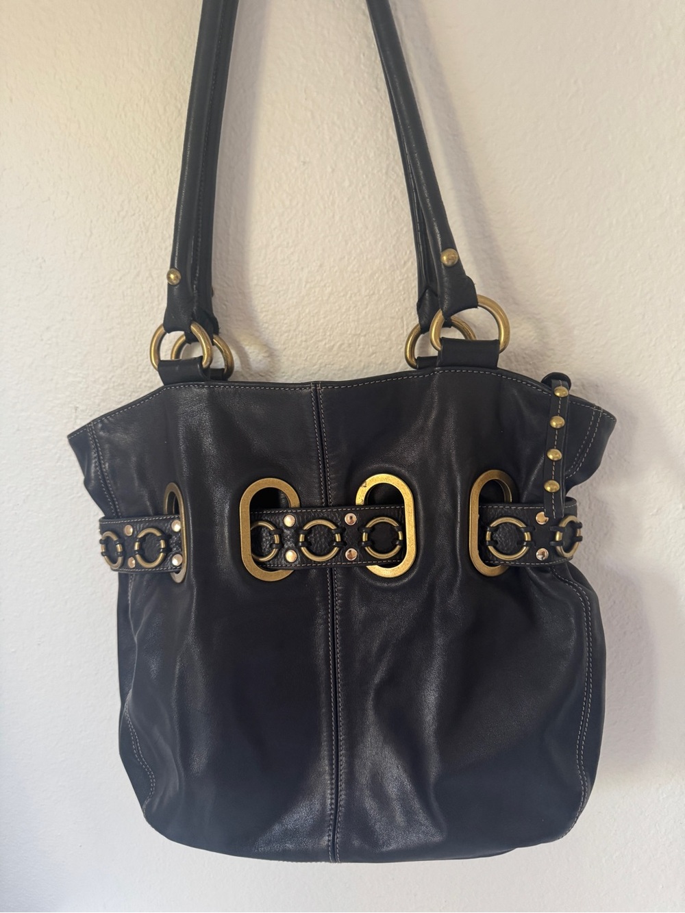 Scarlet Blake Vintage Black Slouchy Hobo Shoulder Tote with Gold Ring Accents